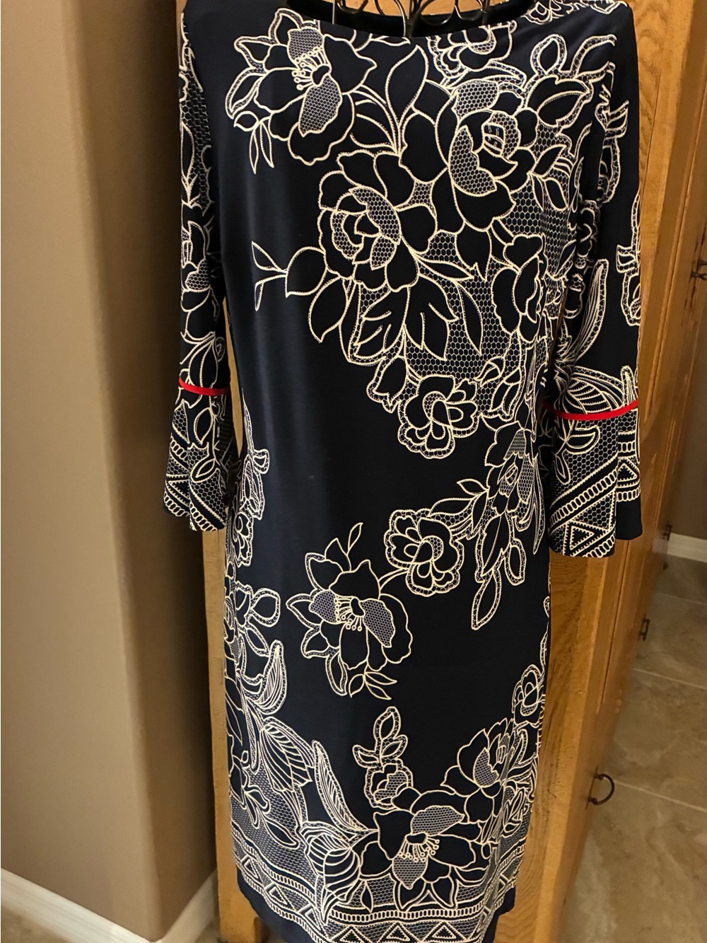 Navy Floral Midi Dress with White Outline and Red Trim